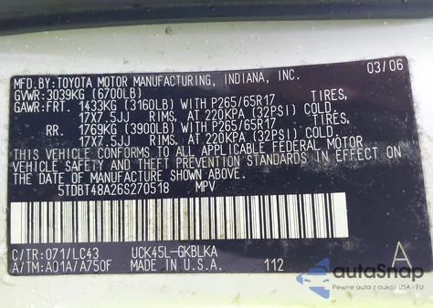 2006 Toyota Sequoia Limited V8 z USA, uszkodzony, nr VIN 5TDBT48A26S270518